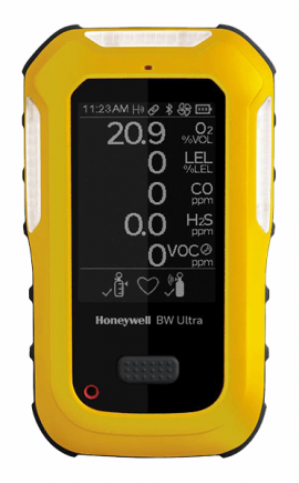 Honeywell BW Ultra Five Multi-Gas Detector with pump, O<sub>2</sub>/LEL/H<sub>2</sub>S/CO/Cl<sub>2</sub>, yellow-