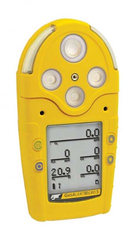 Honeywell BW GasAlertMicro 5 Multi-Gas Detector with alkaline batteries, %LEL/H<sub>2</sub>S/CO/SO<sub>2</sub>, yellow-