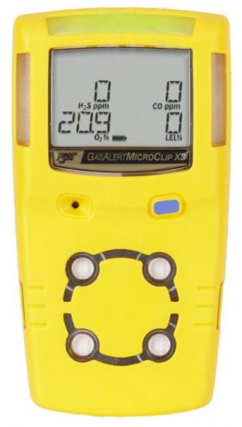 Honeywell BW MicroClip X3 Series Multi-Gas Detector, %LEL (unfiltered)/O<sub>2</sub>/H<sub>2</sub>S/CO, yellow-